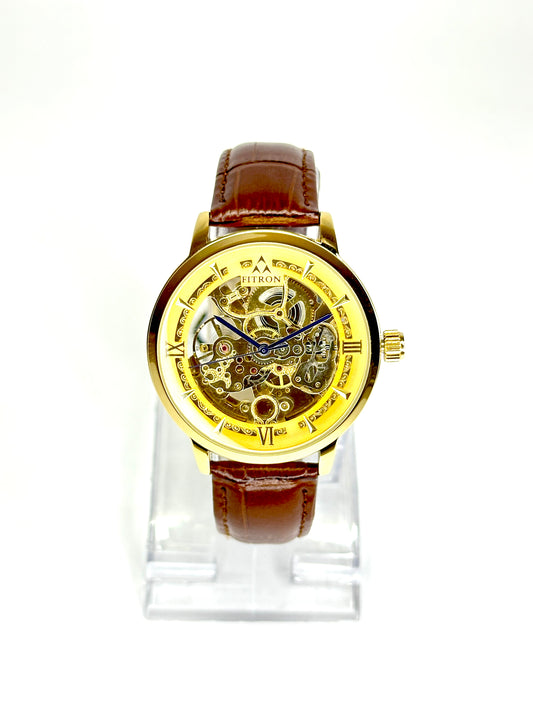 Fitron Golden Skeleton Automatic Watch – Brown Leather Strap