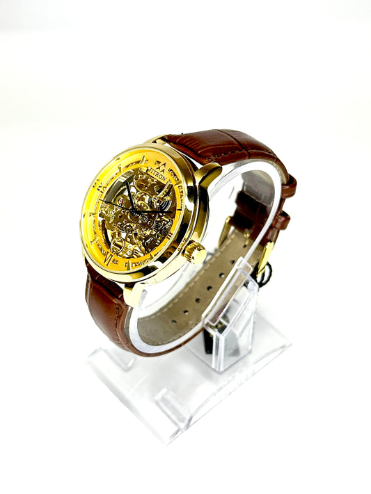 Fitron Golden Skeleton Automatic Watch – Brown Leather Strap