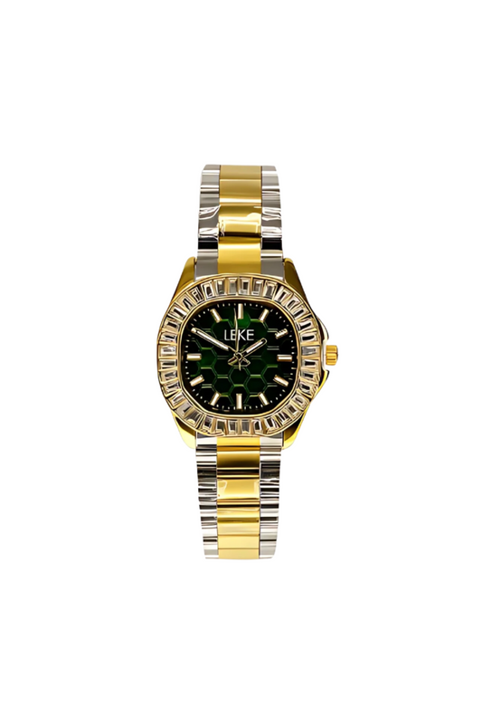 LEKE Royal Green & Gold Two-Tone Luxury Watch – Crystal Bezel Edition